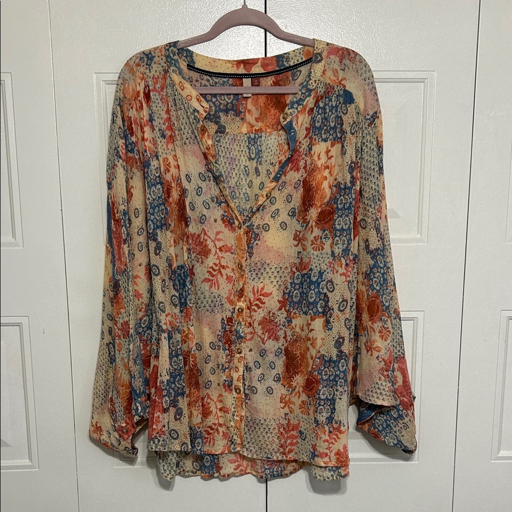 Anthropologie Sheer Patchwork Floral Button-Front Blouse - Cream, Blue & Rust